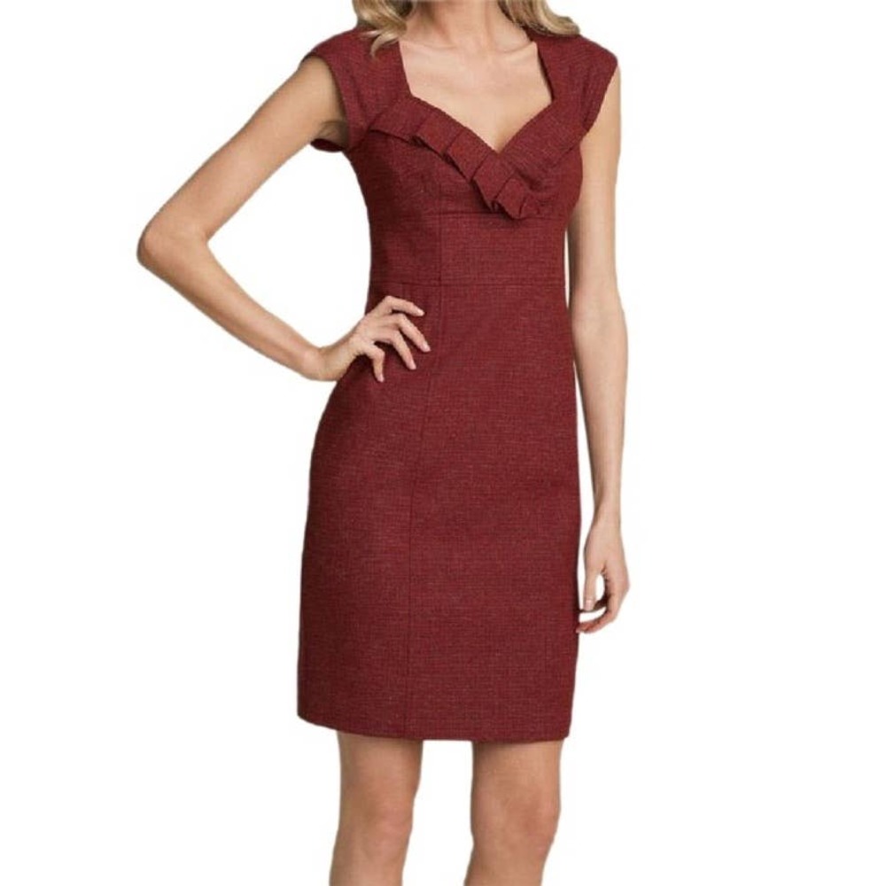 Nanette Lepore Cranberry Red Sheath Dress Cap Sleeve Ruffle Trim Size 6